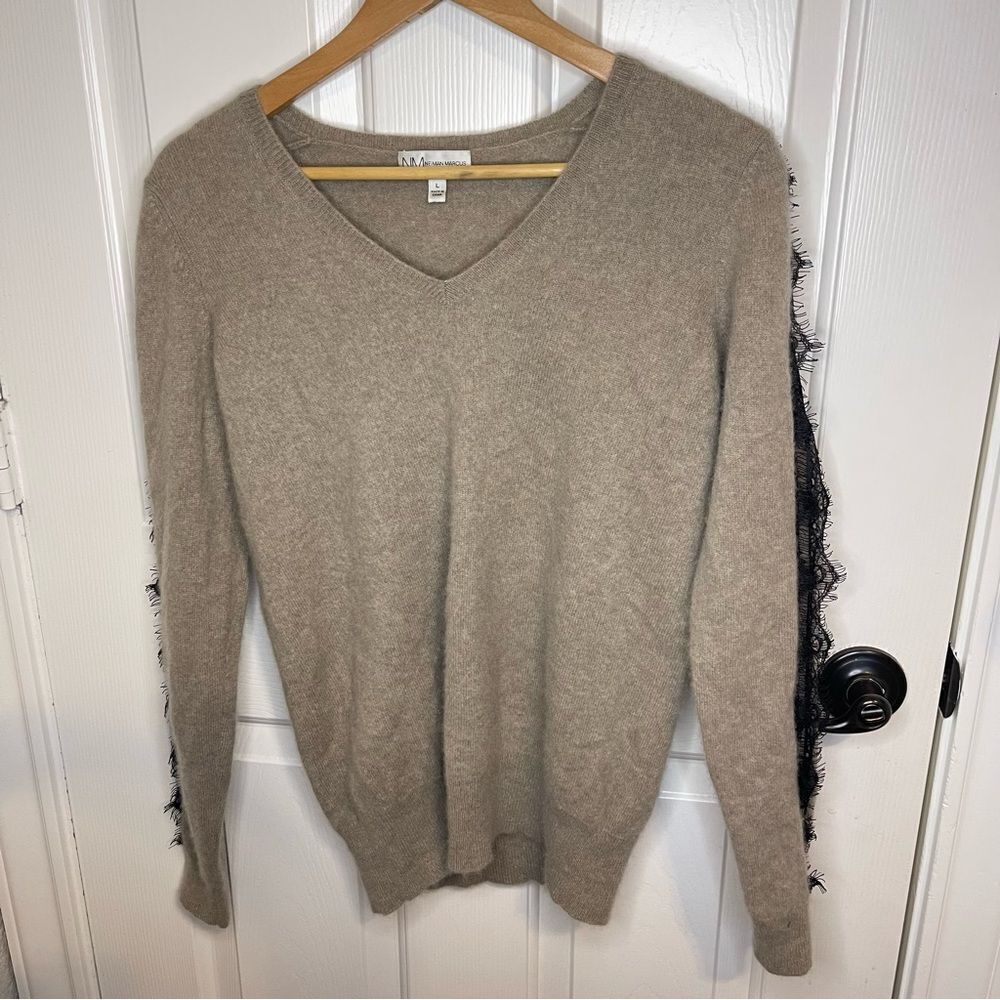 Neiman Marcus 100% Cashmere Tan Black Lace Minimalist Preppy Sweater Size Large